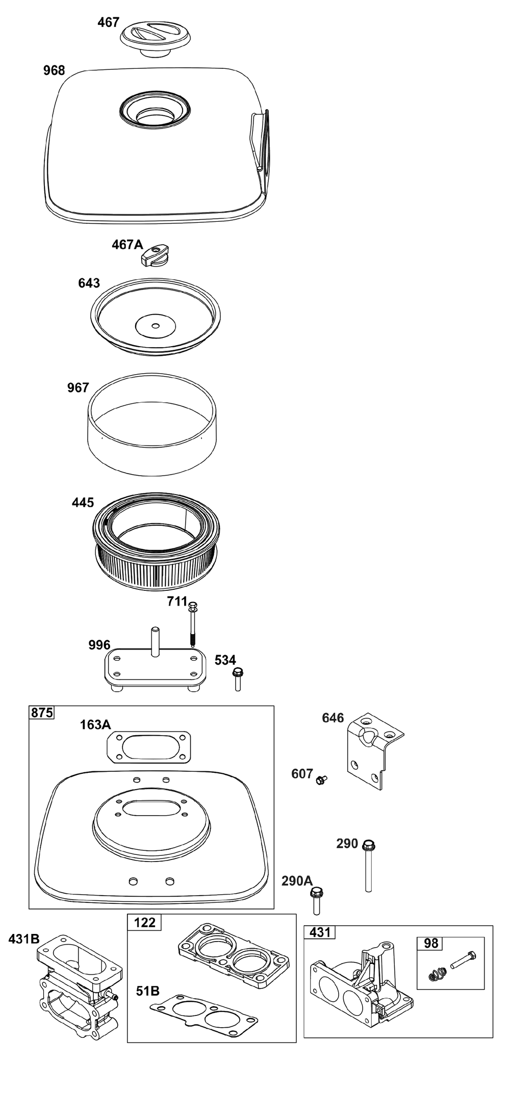 Air Cleaner Group Diagram and Parts List for 613477-0267-J1 400000 - 699999 Briggs and Stratton Engine